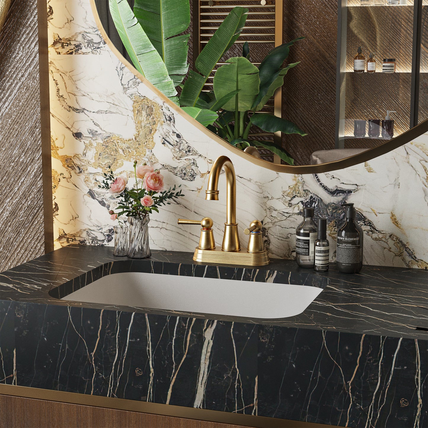 HoliSpa Taps being faucets 4-Inch Bathroom Faucet with Two Handles, 360° Swivel Spout, Suitable for 2-3 Hole Installation, Water Supply Lines Included, Ideal for RV Bathroom Vanity Sinks, Brushed Gold