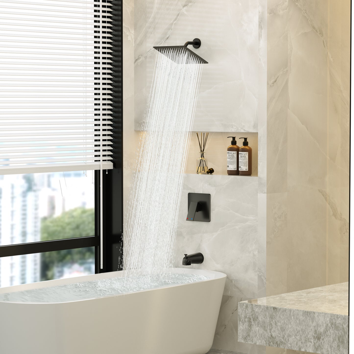 Holispa Black Tub Shower Faucet, Shower Faucet Set with 8-Inch Rainfall Shower Head and Tub Spout, Shower Tub Faucet Set Complete (Included Shower Valve), Tub Shower Trim Kit, Matte Black