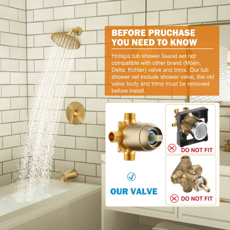 Holispa Tub Shower Faucet, Gold Shower Faucet Set with 8-Inch Rainfall Shower Head and Tub Spout, Shower Tub Faucet Set Complete (Included Shower Valve), Tub Shower Trim Kit, Brushed Gold