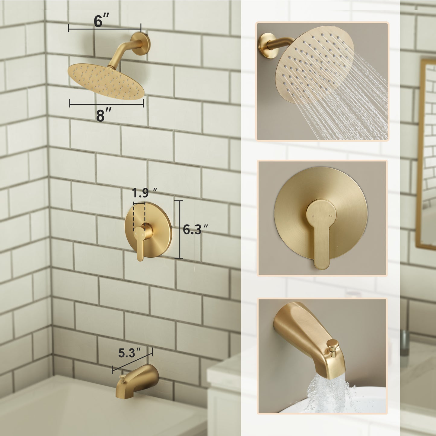 Holispa Tub Shower Faucet, Gold Shower Faucet Set with 8-Inch Rainfall Shower Head and Tub Spout, Shower Tub Faucet Set Complete (Included Shower Valve), Tub Shower Trim Kit, Brushed Gold