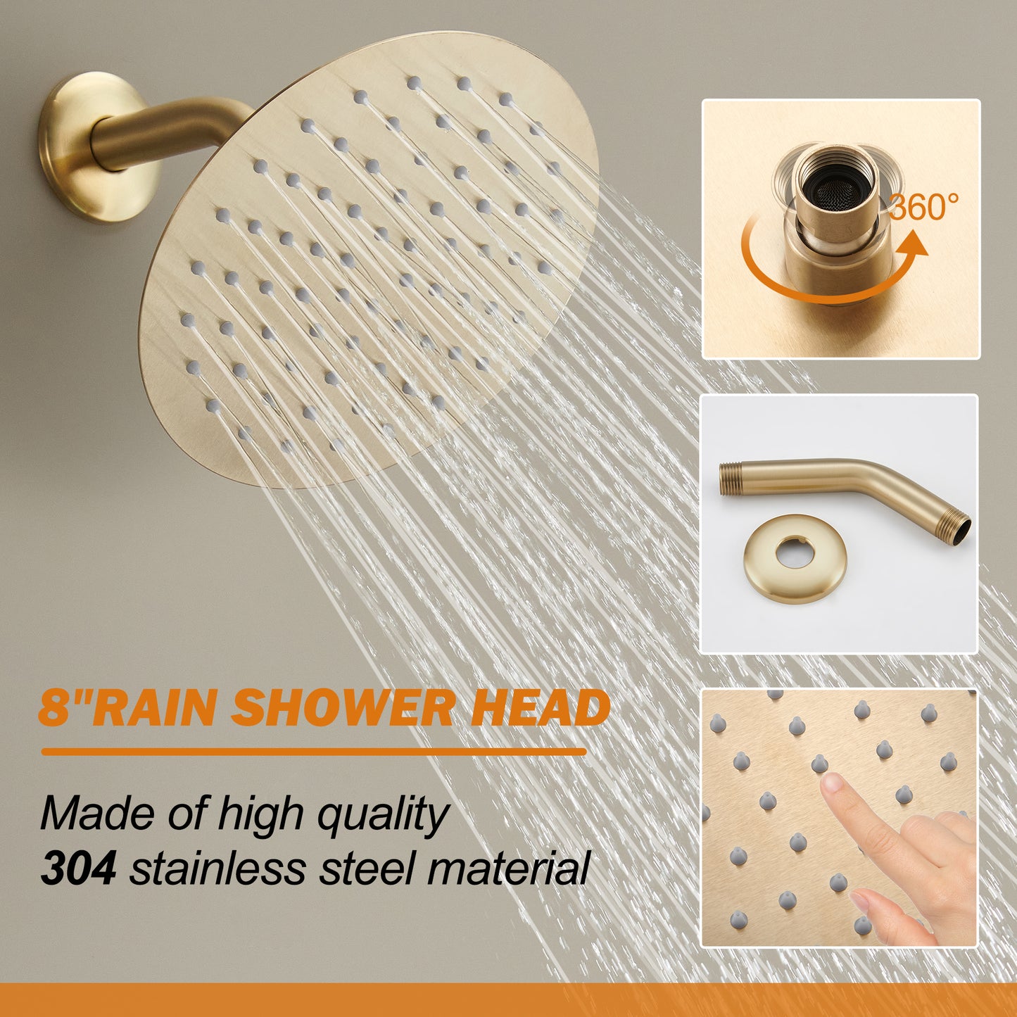 Holispa Tub Shower Faucet, Gold Shower Faucet Set with 8-Inch Rainfall Shower Head and Tub Spout, Shower Tub Faucet Set Complete (Included Shower Valve), Tub Shower Trim Kit, Brushed Gold